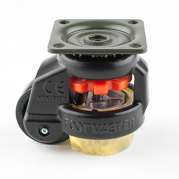 Leveling Caster, 42 mm Nylon Wheel, 55x55 mm Plate, Swivel, 60 kg Cap, PU Foot Pad, Black